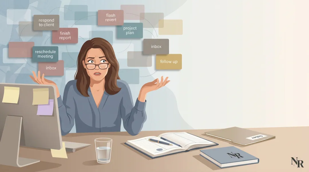 Overwhelmed professional surrounded by competing tasks experiencing ADHD decision paralysis