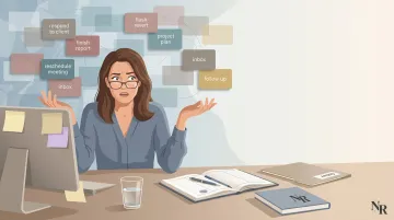 Overwhelmed professional surrounded by competing tasks experiencing ADHD decision paralysis