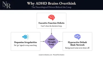 Three ADHD brain mechanisms driving overthinking thought loops infographic