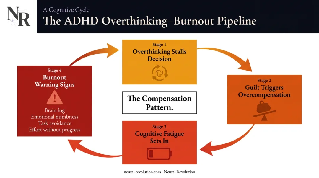 ADHD overthinking to burnout compensation cycle pipeline warning signs diagram