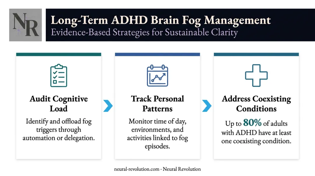 Three long-term ADHD brain fog management strategies audit track address infographic