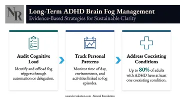 Three long-term ADHD brain fog management strategies audit track address infographic