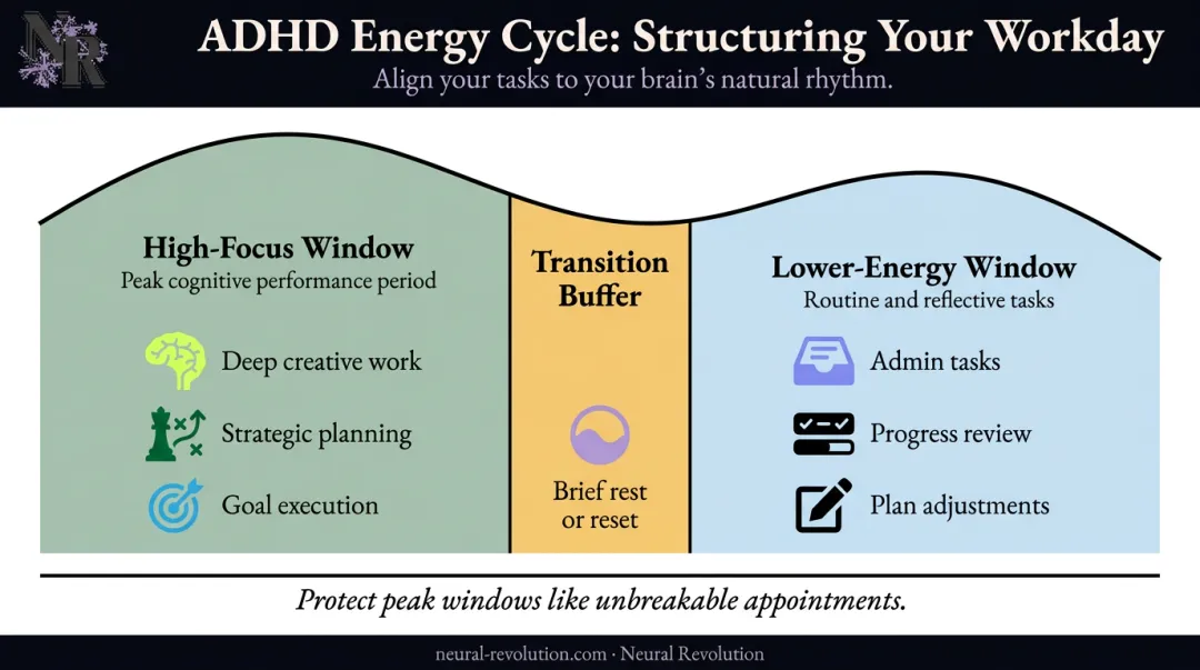 ADHD energy cycle daily planning framework high focus versus low energy windows