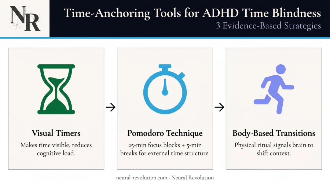 Three ADHD time-anchoring tools visual timer Pomodoro technique body-based transitions