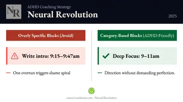ADHD time block size comparison showing category blocks versus overly specific task blocks