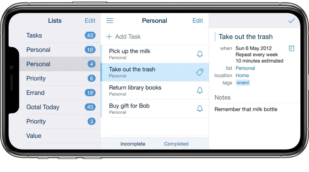 Remember the Milk minimalist task manager app interface on smartphone screen