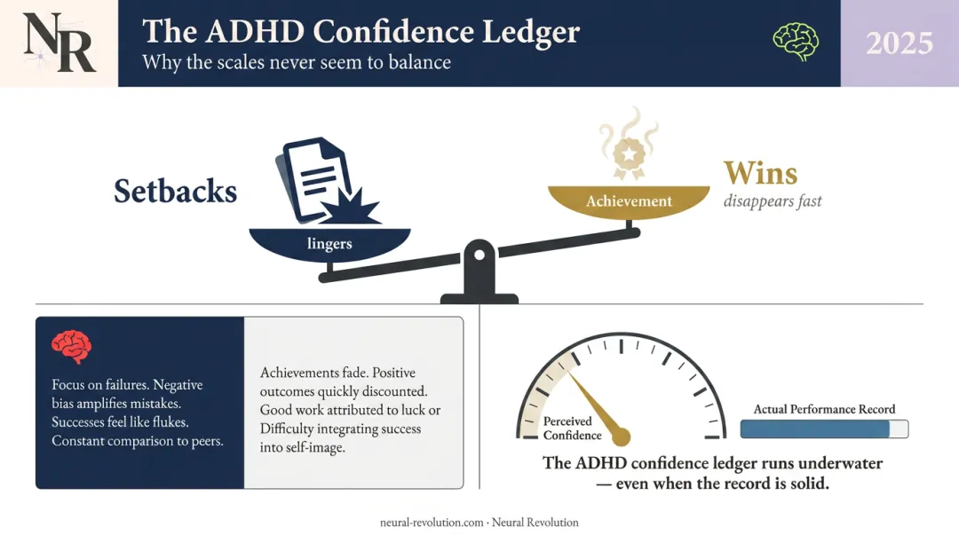ADHD confidence ledger showing asymmetric impact of setbacks versus wins on self-esteem
