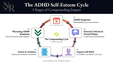 5-step ADHD low self-esteem compounding cycle diagram with feedback loop