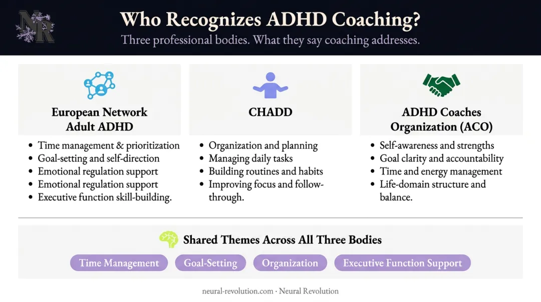 Three professional bodies recognizing ADHD coaching as evidence-based adult intervention