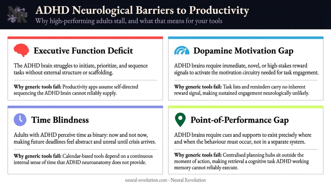 Four ADHD neurological barriers explaining why generic productivity strategies fail adults