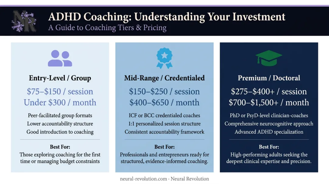Three-tier ADHD coaching cost breakdown from entry-level to doctoral-level