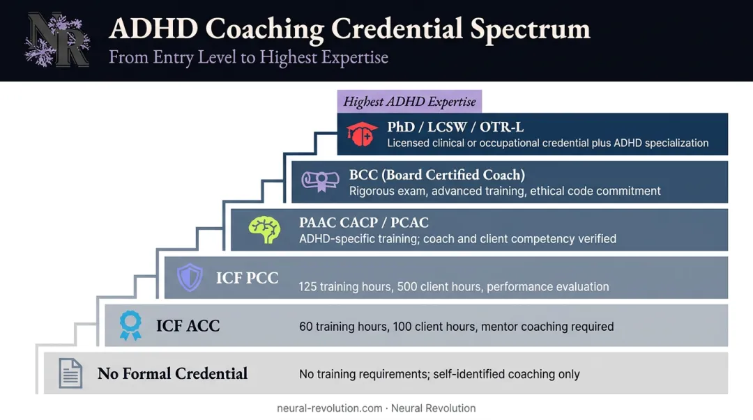 ADHD coaching credential spectrum from no certification to doctoral-level clinical training