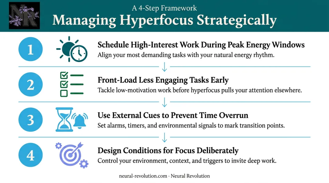 Four-step ADHD hyperfocus management strategy numbered process flow infographic