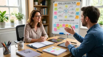 ADHD coach and client collaborating on personalized organizational system design session