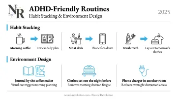 ADHD habit stacking and environment design strategy examples step-by-step infographic