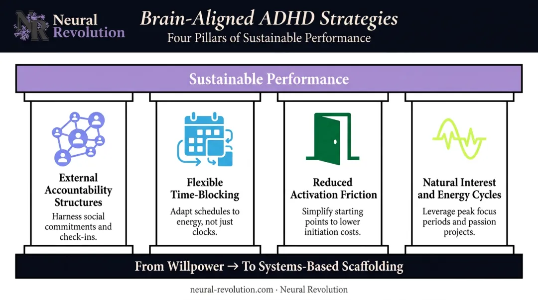 Four brain-aligned ADHD strategy pillars replacing willpower-based productivity systems