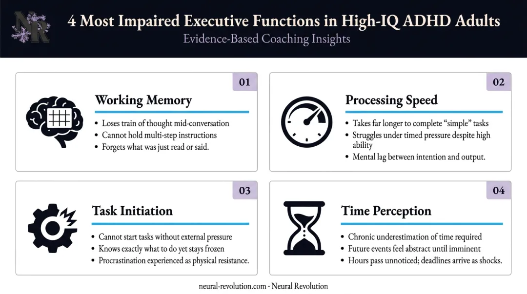 Four executive function domains most impaired in high-IQ adults with ADHD