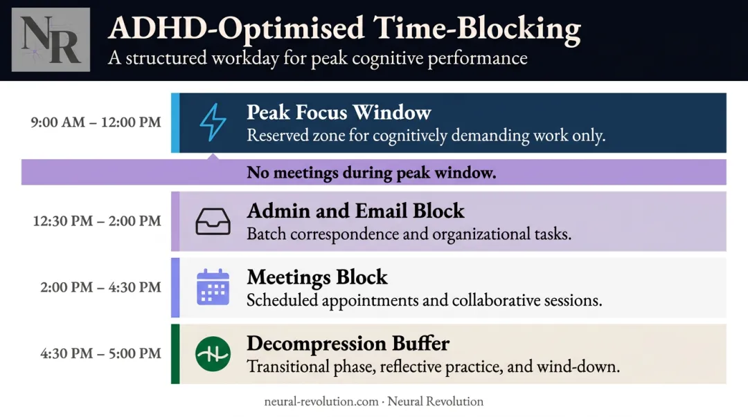 ADHD workday time-blocking strategy reserving peak focus windows for deep work