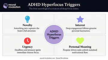 Four ADHD hyperfocus triggers novelty interest urgency and personal meaning diagram