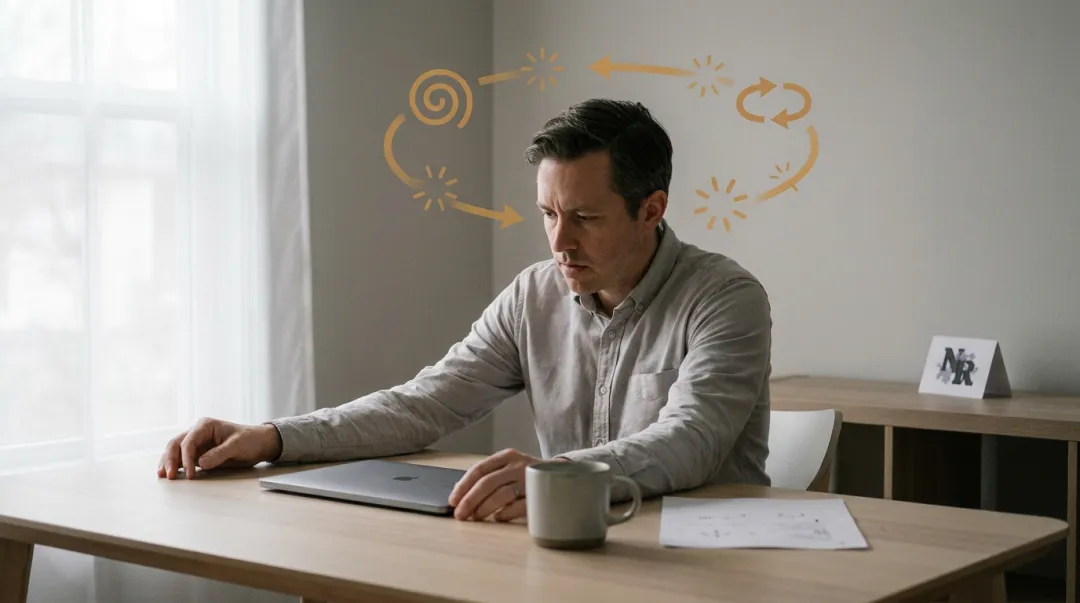 Person frozen at desk trapped in shame and self-criticism feedback loop
