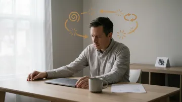 Person frozen at desk trapped in shame and self-criticism feedback loop