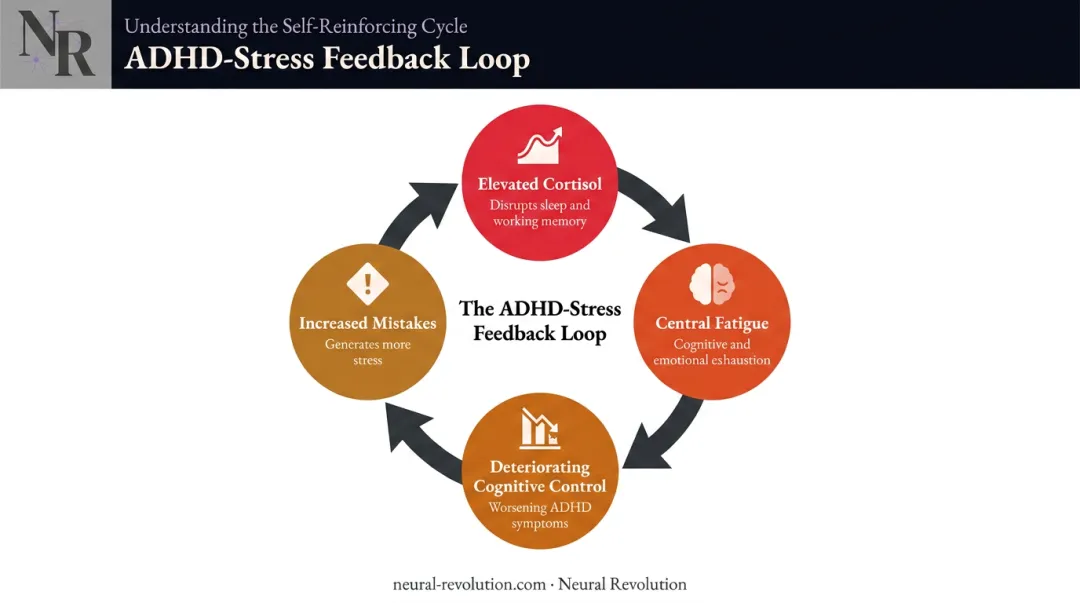 ADHD chronic stress feedback loop showing four compounding neurological effects