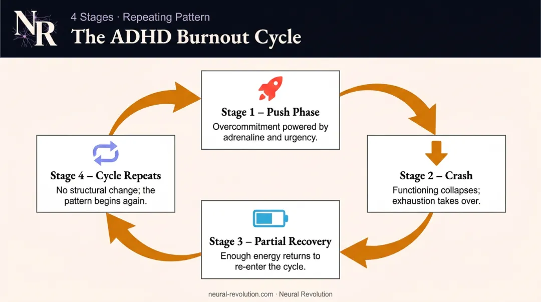 ADHD burnout push-crash-recovery four-stage repeating cycle diagram