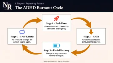 ADHD burnout push-crash-recovery four-stage repeating cycle diagram