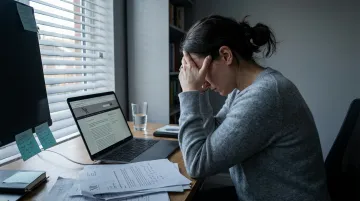 Overwhelmed professional with ADHD staring at unfinished tasks on desk