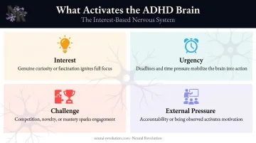 Four ADHD interest-based motivation drivers infographic with activation icons