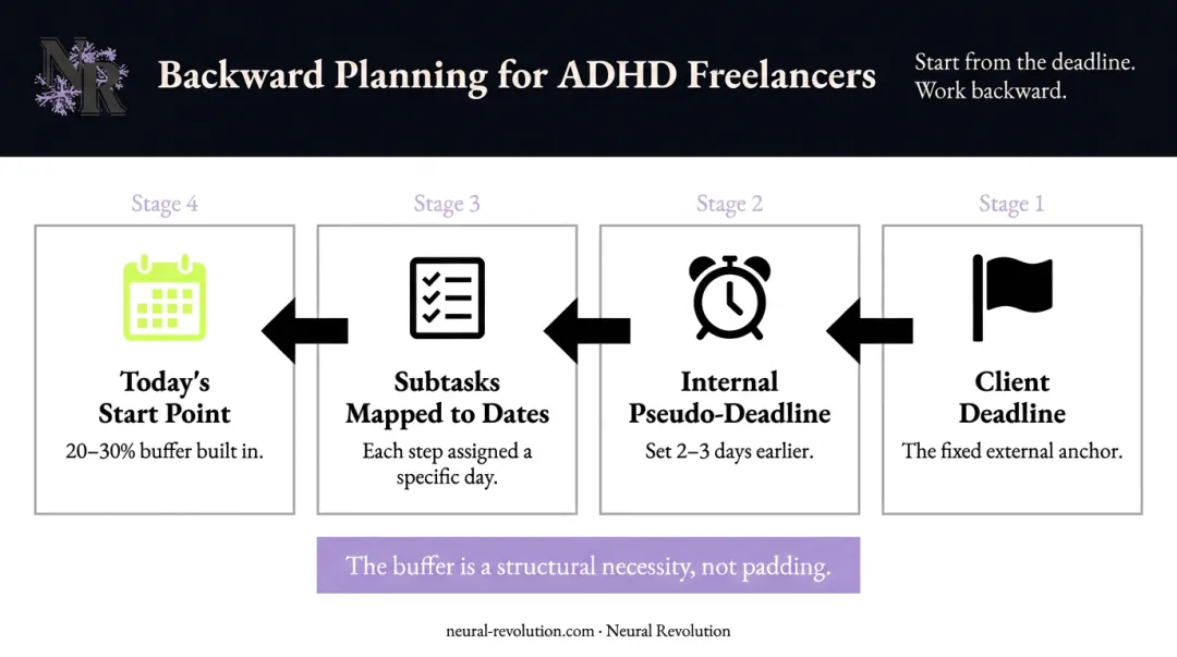 Backward project planning process from deadline to today with time buffer steps