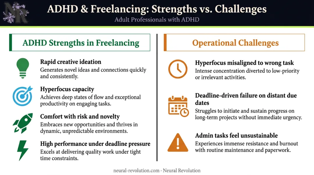 ADHD freelancer strengths versus operational challenges two-column comparison infographic