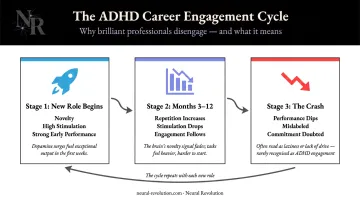 ADHD hyperfocus-then-dropout career cycle three-stage pattern infographic