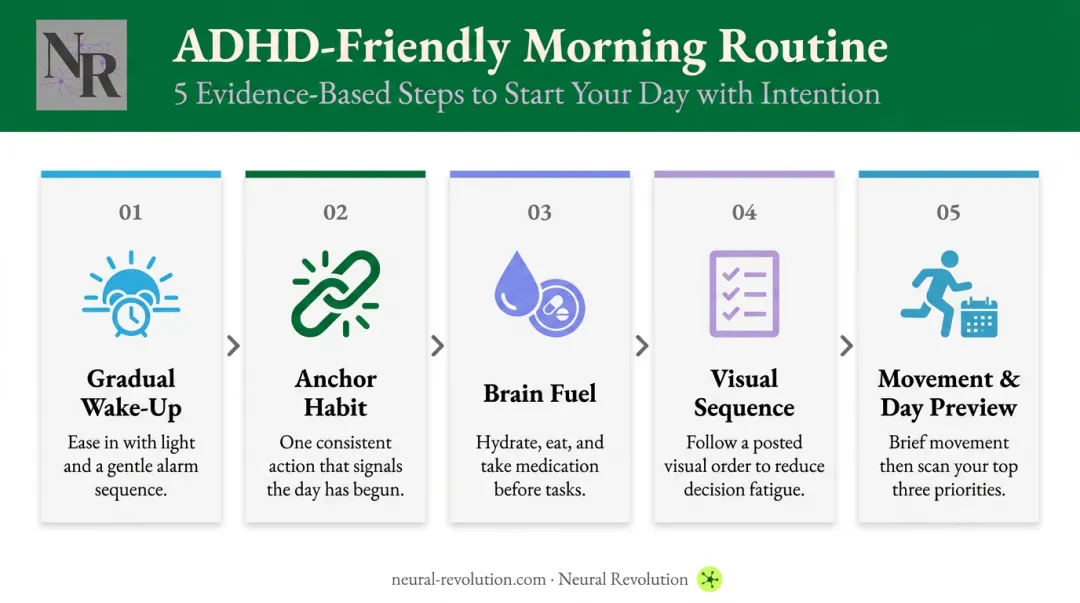 Five-step ADHD morning routine process from gradual wake-up to day preview