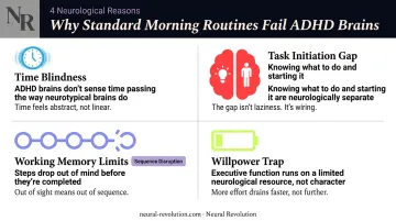 Four ADHD morning routine failure causes time blindness task initiation working memory willpower