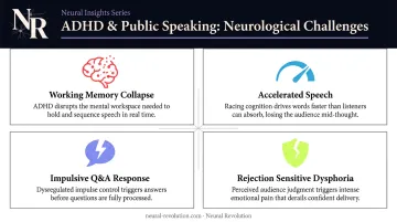 Four ADHD public speaking challenges brain diagram working memory RSD pacing