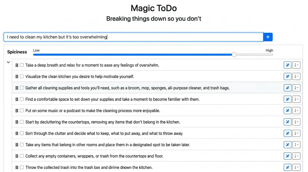 Goblin Tools web app interface showing task breakdown with spiciness slider