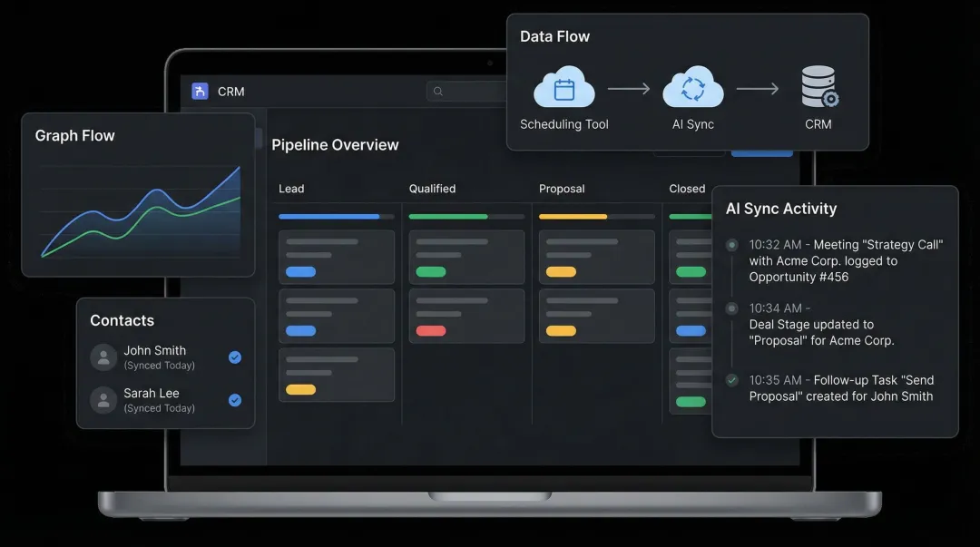 CRM dashboard displaying AI-synced meeting activity deal stages and contact records