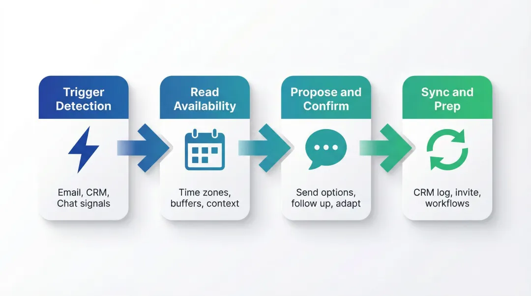 4-step AI meeting scheduling workflow from trigger detection to CRM sync