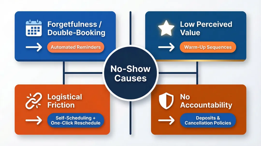 Four root causes of appointment no-shows with automation fix for each