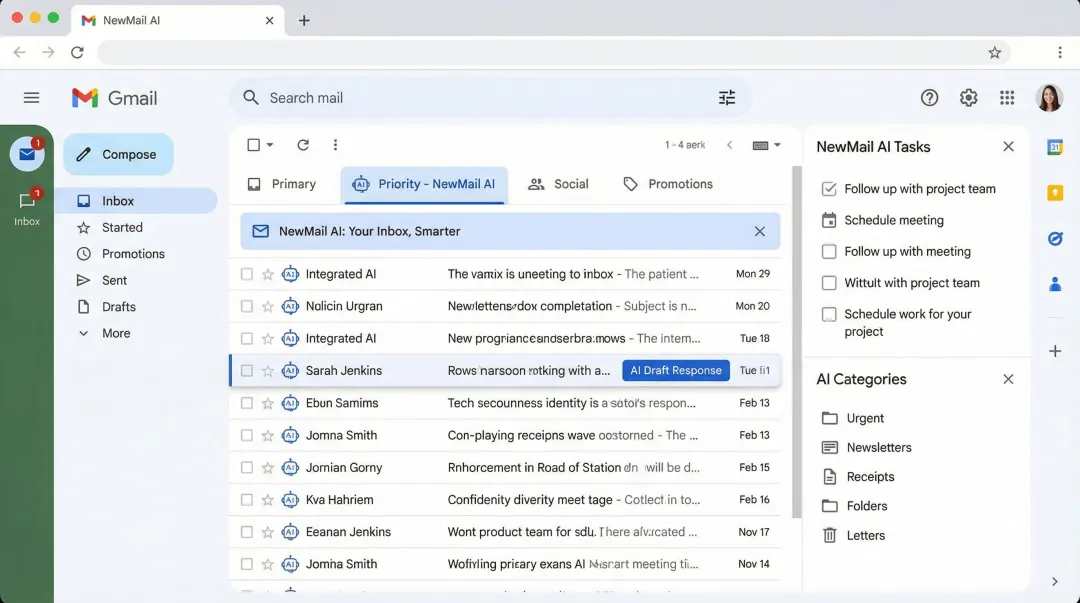 NewMail AI priority inbox interface showing AI-drafted replies and task extraction
