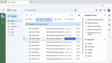 NewMail AI priority inbox interface showing AI-drafted replies and task extraction