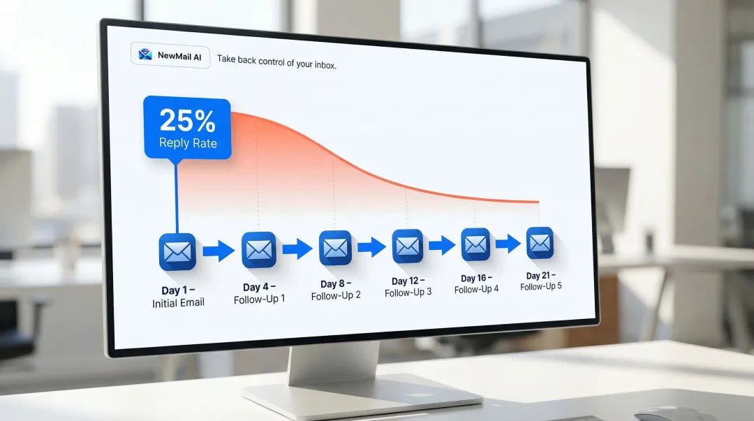 Optimal email follow-up cadence showing six touches over three weeks timeline