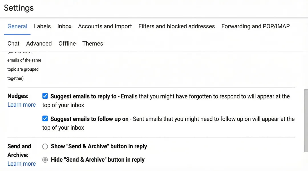 Gmail settings panel showing Nudges options enabled under General tab