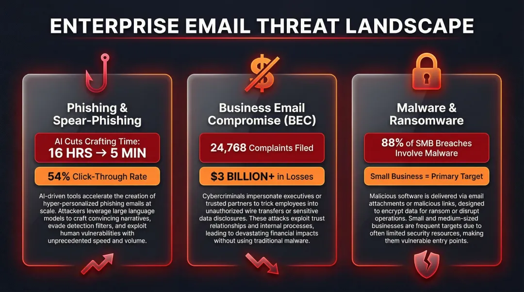 Three major enterprise email threat categories phishing BEC and ransomware statistics