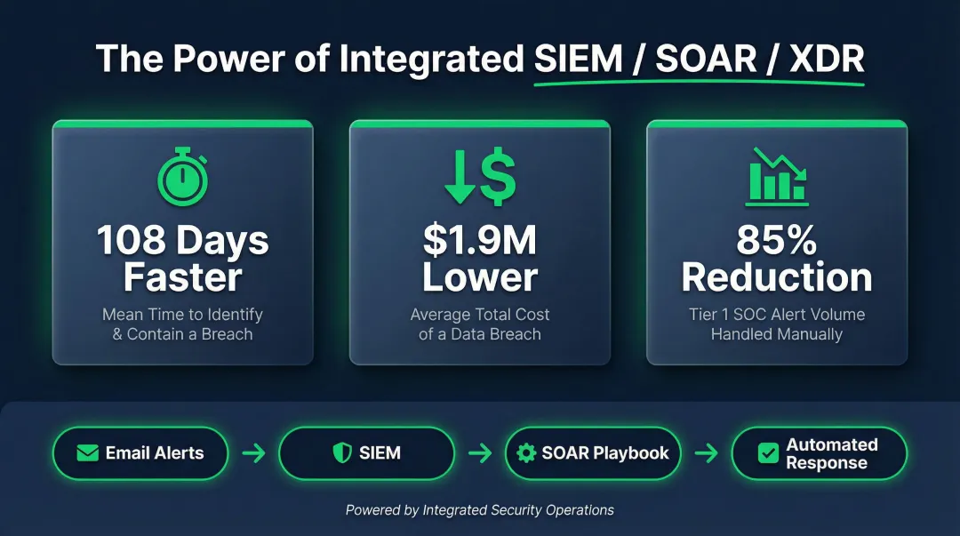 SIEM SOAR and XDR integration benefits showing breach cost savings and response time reduction