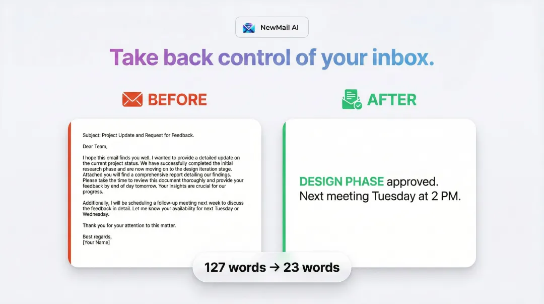 Before and after email reply comparison showing answer-first versus padded response structure