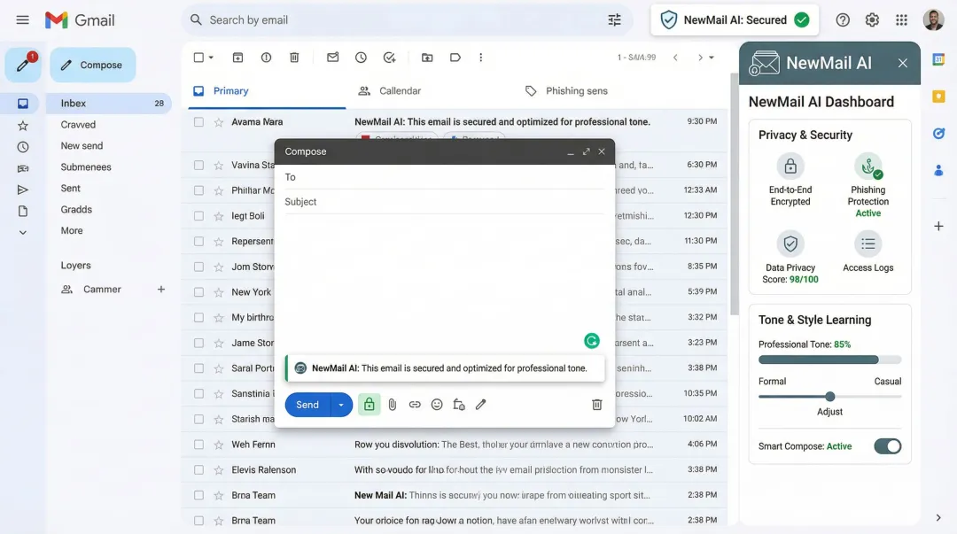 NewMail AI email drafting interface displaying privacy security features and inbox integration