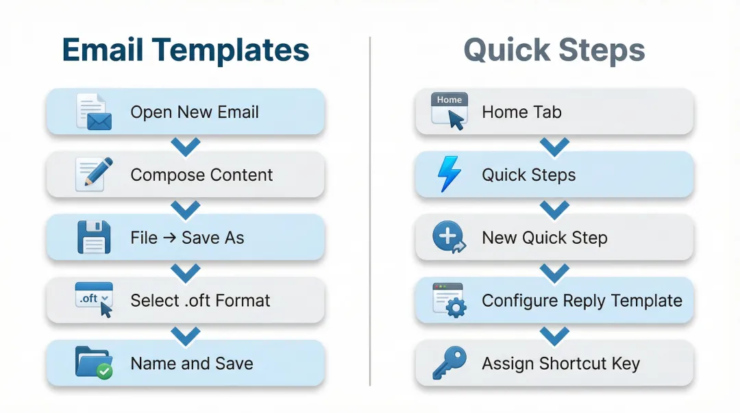 Outlook email templates and Quick Steps setup process flow diagram