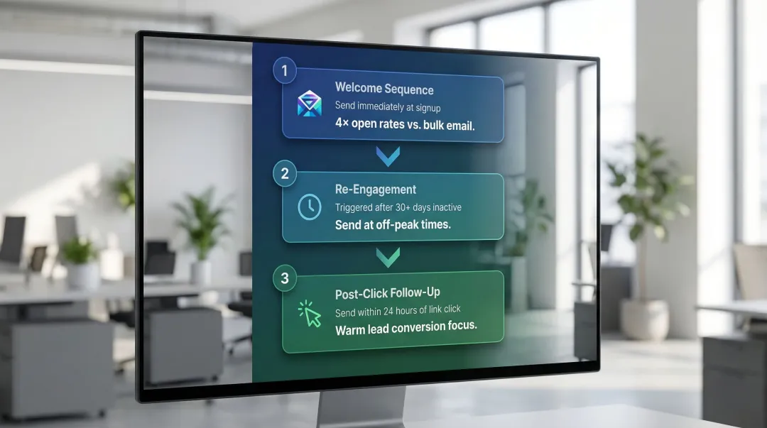 Three behaviour-based email trigger scenarios with timing and conversion impact